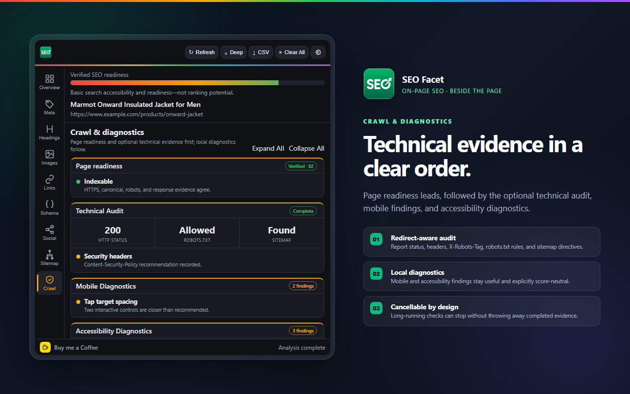 SEO Facet crawl diagnostics showing technical, mobile, and accessibility checks