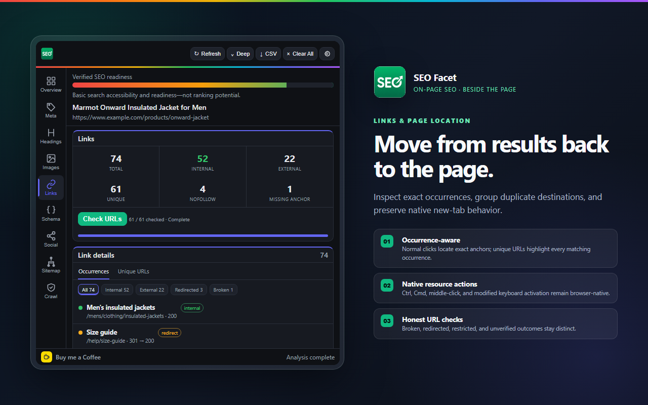 SEO Facet links view showing link classifications and page location controls