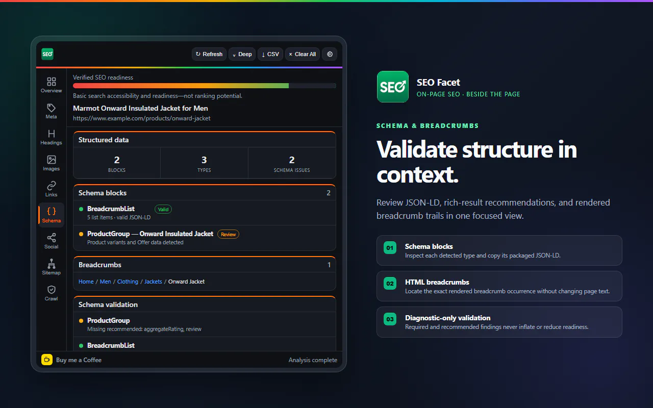 SEO Facet schema view showing structured data validation and rendered breadcrumbs